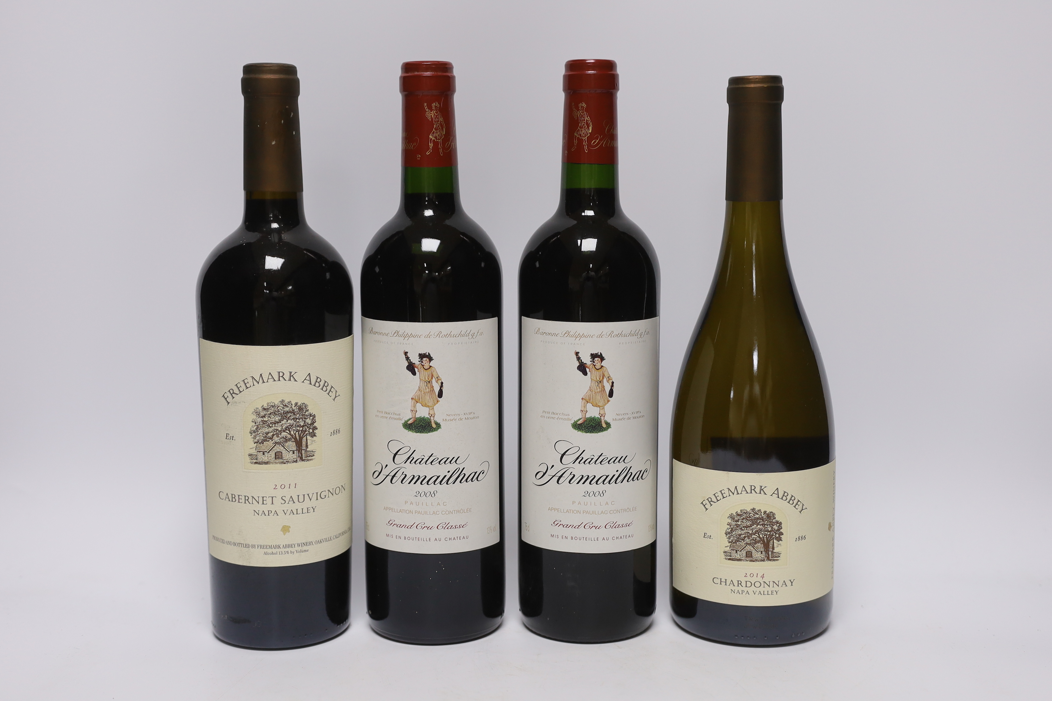 Two bottles of Chateau d’Armailhac 2008, a bottle of Freemark Abbey Cabernet Sauvignon Napa Valley 2011 and a bottle of Freemark Abbey Chardonnay Napa Valley 2014 (4)